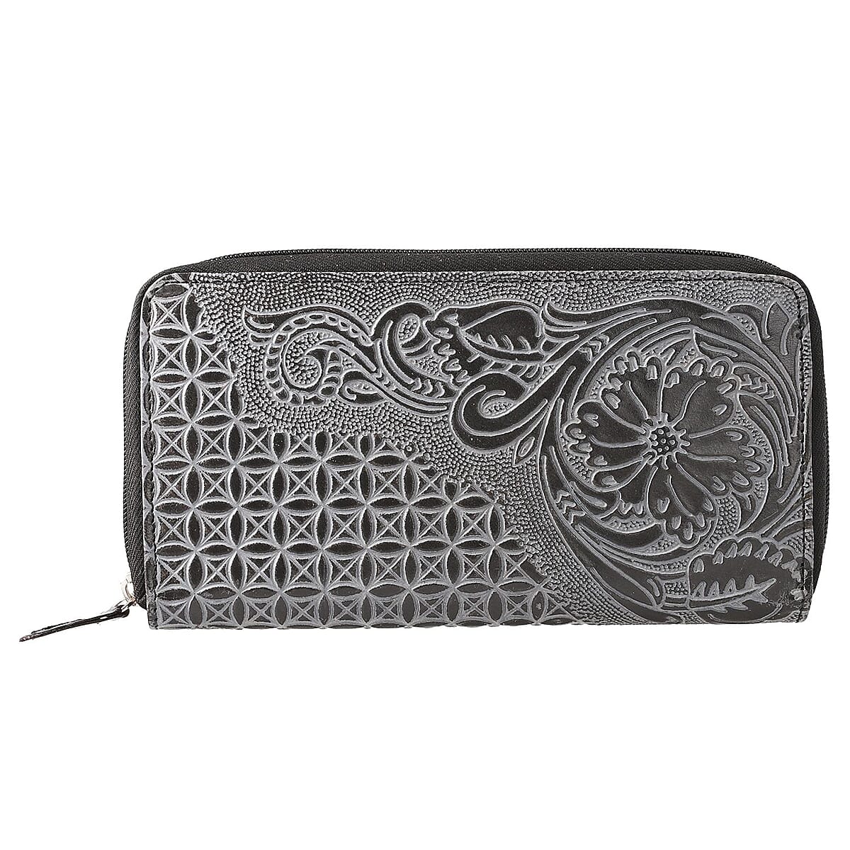 Black Hand Floral Embossed Genuine Leather RFID Women's Wallet image number 3