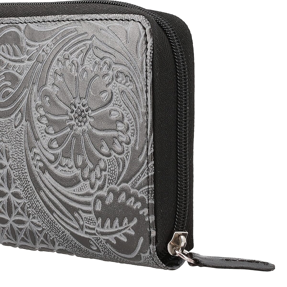 Black Hand Floral Embossed Genuine Leather RFID Women's Wallet image number 4