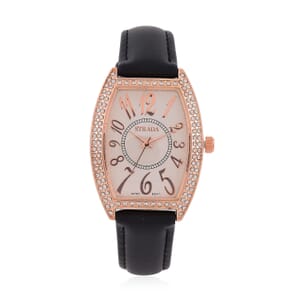 Strada Austrian Crystal Japanese Movement Watch with Black Faux Leather Strap (39.8x33.7mm)