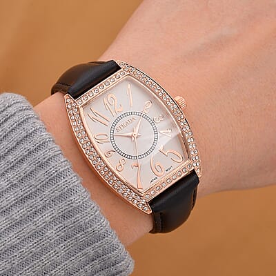 Strada Austrian Crystal Japanese Movement Watch with Black Faux Leather Strap (39.8x33.7mm)