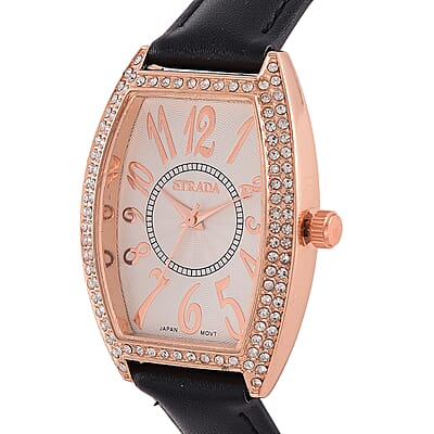 Strada Austrian Crystal Japanese Movement Watch with Black Faux Leather Strap (39.8x33.7mm)