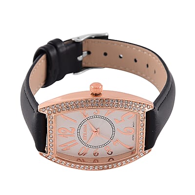 Strada Austrian Crystal Japanese Movement Watch with Black Faux Leather Strap (39.8x33.7mm)