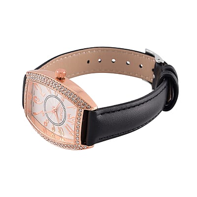 Strada Austrian Crystal Japanese Movement Watch with Black Faux Leather Strap (39.8x33.7mm)