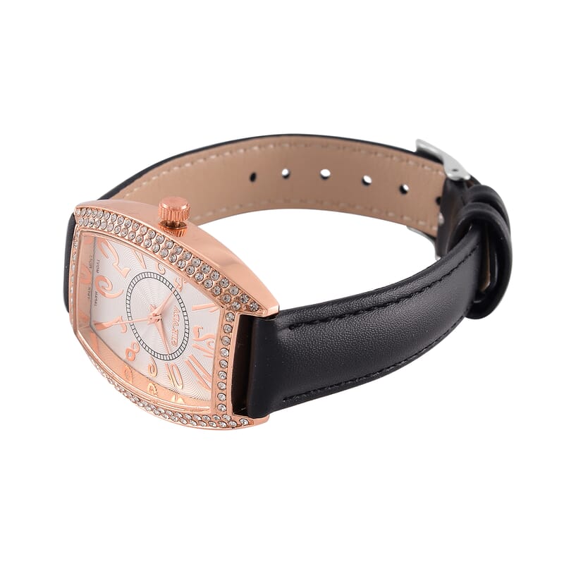 Strada Austrian Crystal Japanese Movement Watch with Black Faux Leather Strap (39.8x33.7mm)