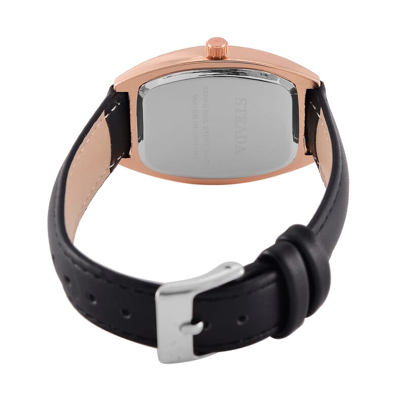 Strada Austrian Crystal Japanese Movement Watch with Black Faux Leather Strap (39.8x33.7mm)