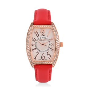 Strada Austrian Crystal Japanese Movement Watch with Red Faux Leather Strap (39.8x33.7mm)