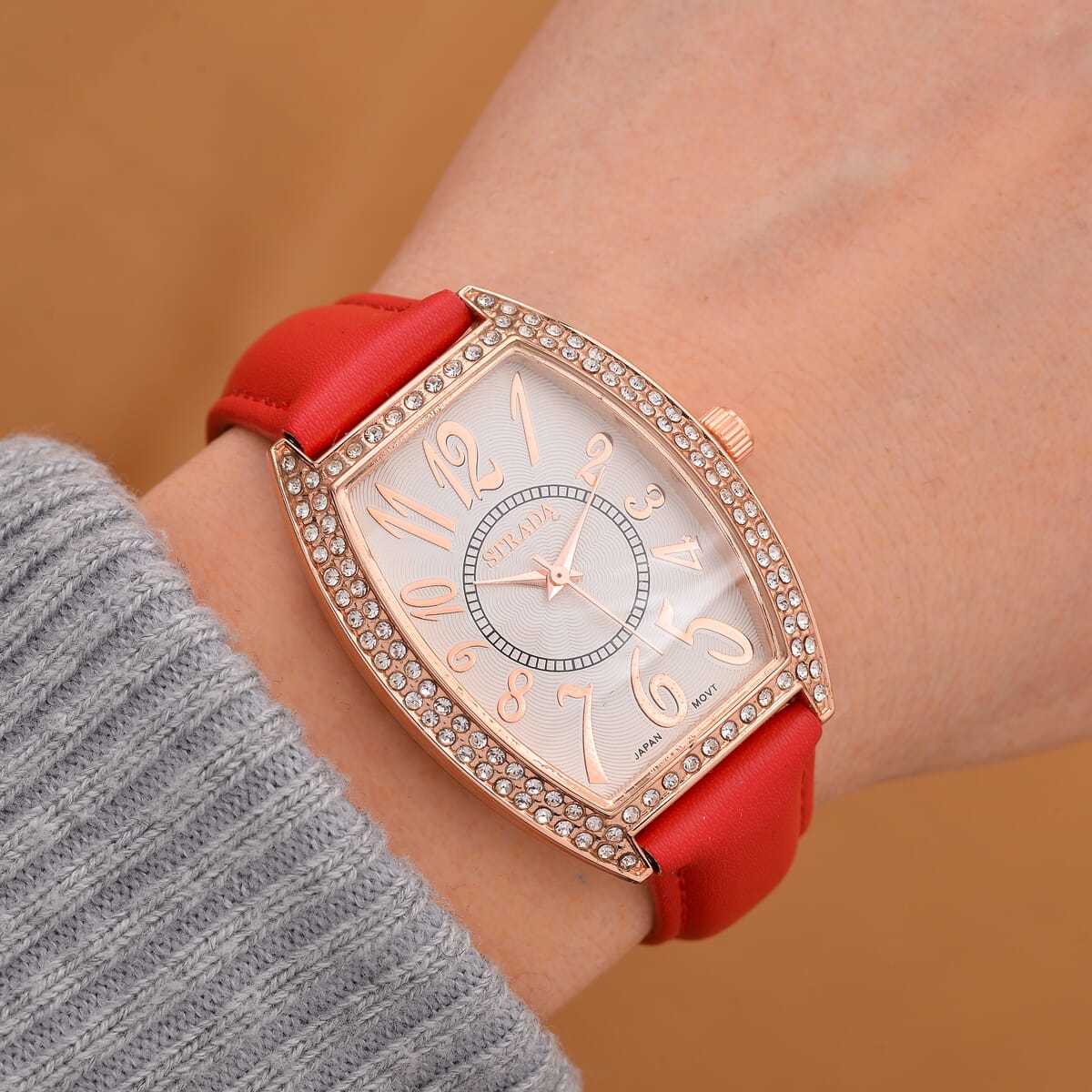 Strada Austrian Crystal Japanese Movement Watch with Red Faux Leather Strap (39.8x33.7mm) image number 1