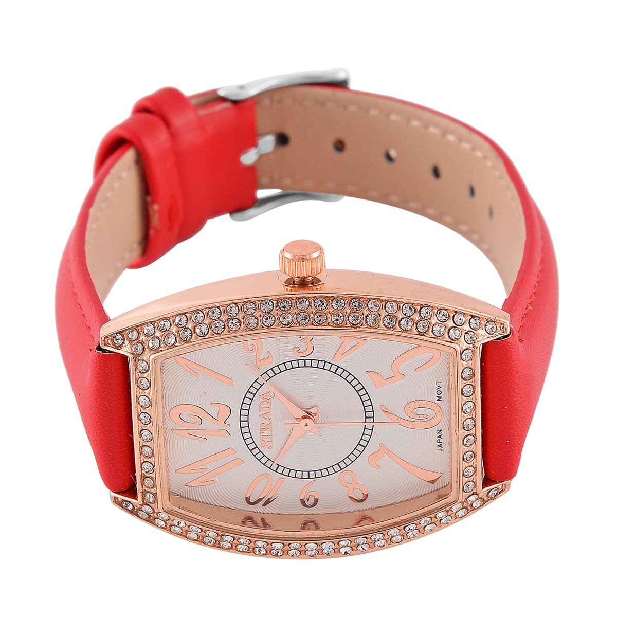 Strada Austrian Crystal Japanese Movement Watch with Red Faux Leather Strap (39.8x33.7mm) image number 3