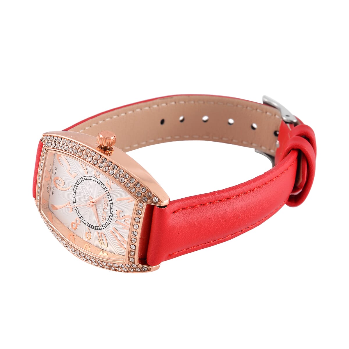 Strada Austrian Crystal Japanese Movement Watch with Red Faux Leather Strap (39.8x33.7mm) image number 4