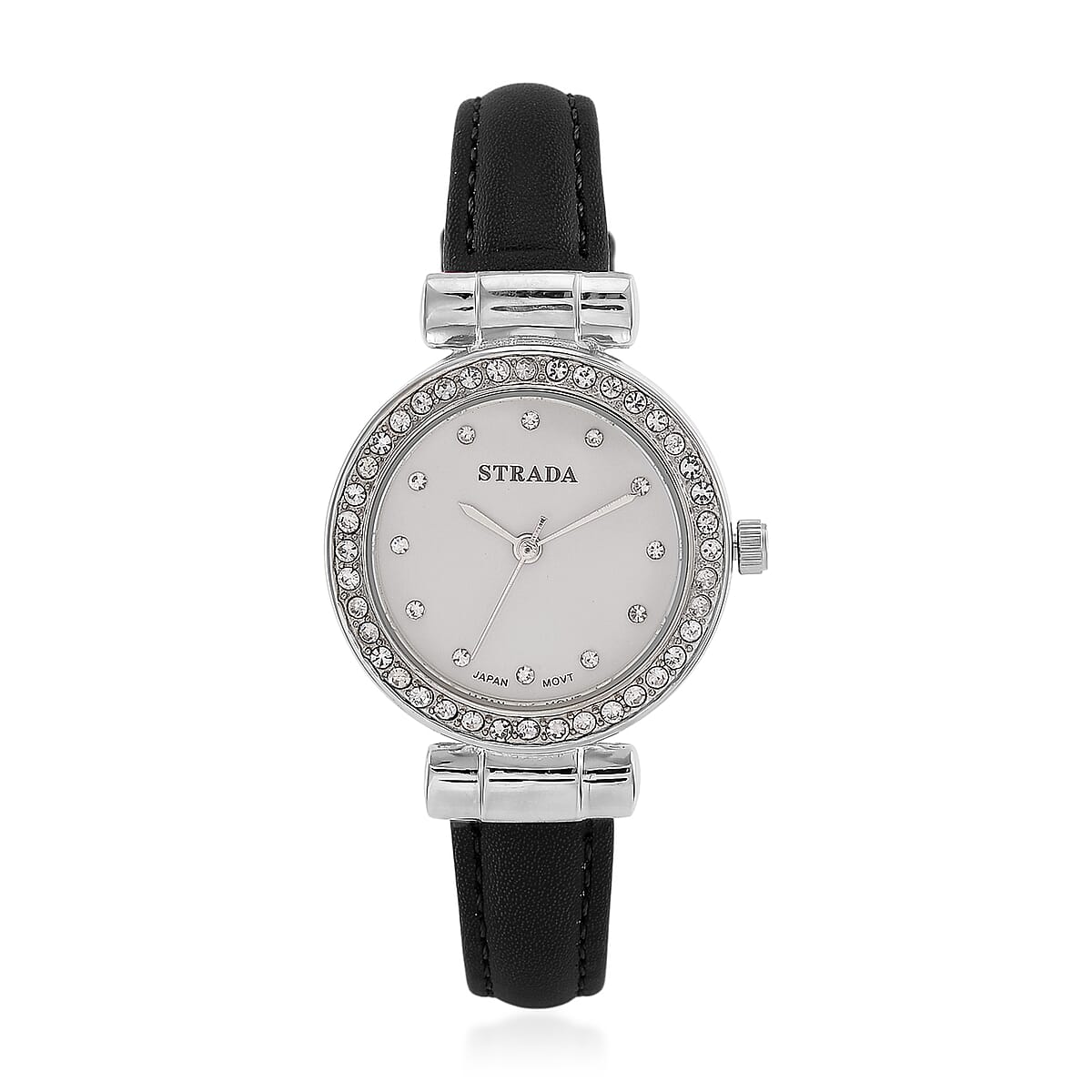 Strada Austrian Crystal Japanese Movement Watch with Black Faux Leather Strap image number 0
