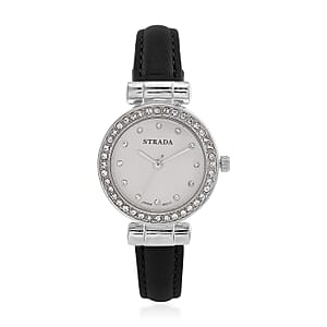 Strada Austrian Crystal Japanese Movement Watch with Black Faux Leather Strap