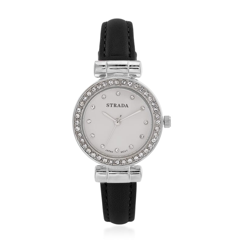 Strada Austrian Crystal Japanese Movement Watch with Black Faux Leather Strap