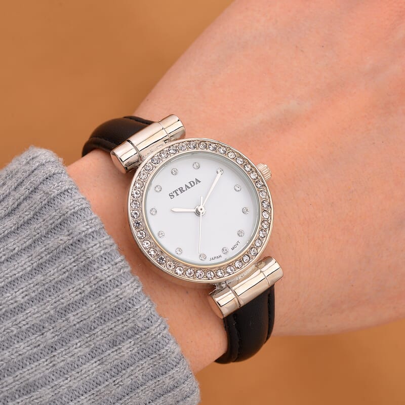 Strada Austrian Crystal Japanese Movement Watch with Black Faux Leather Strap