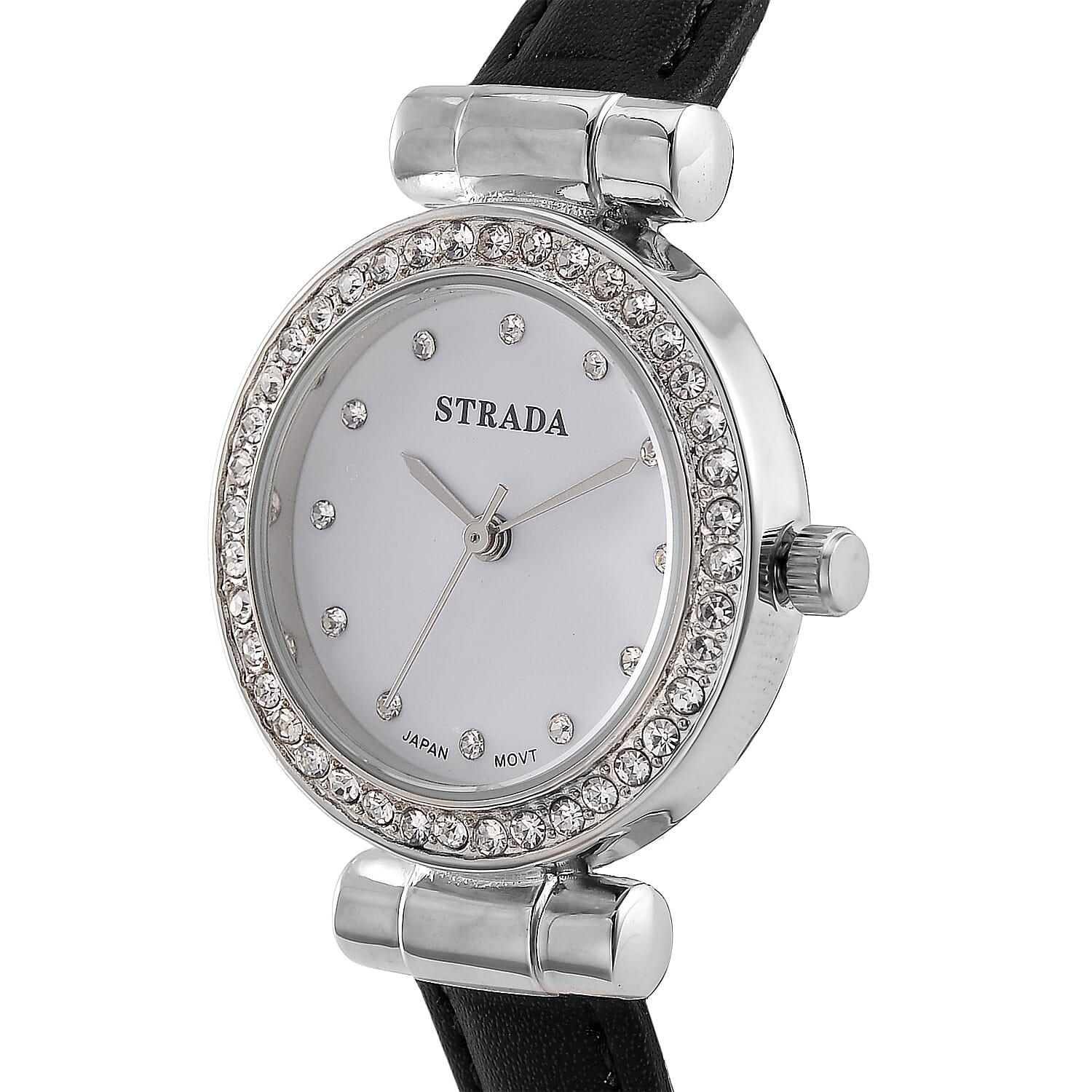 Strada Austrian Crystal Japanese Movement Watch with Black Faux Leather Strap
