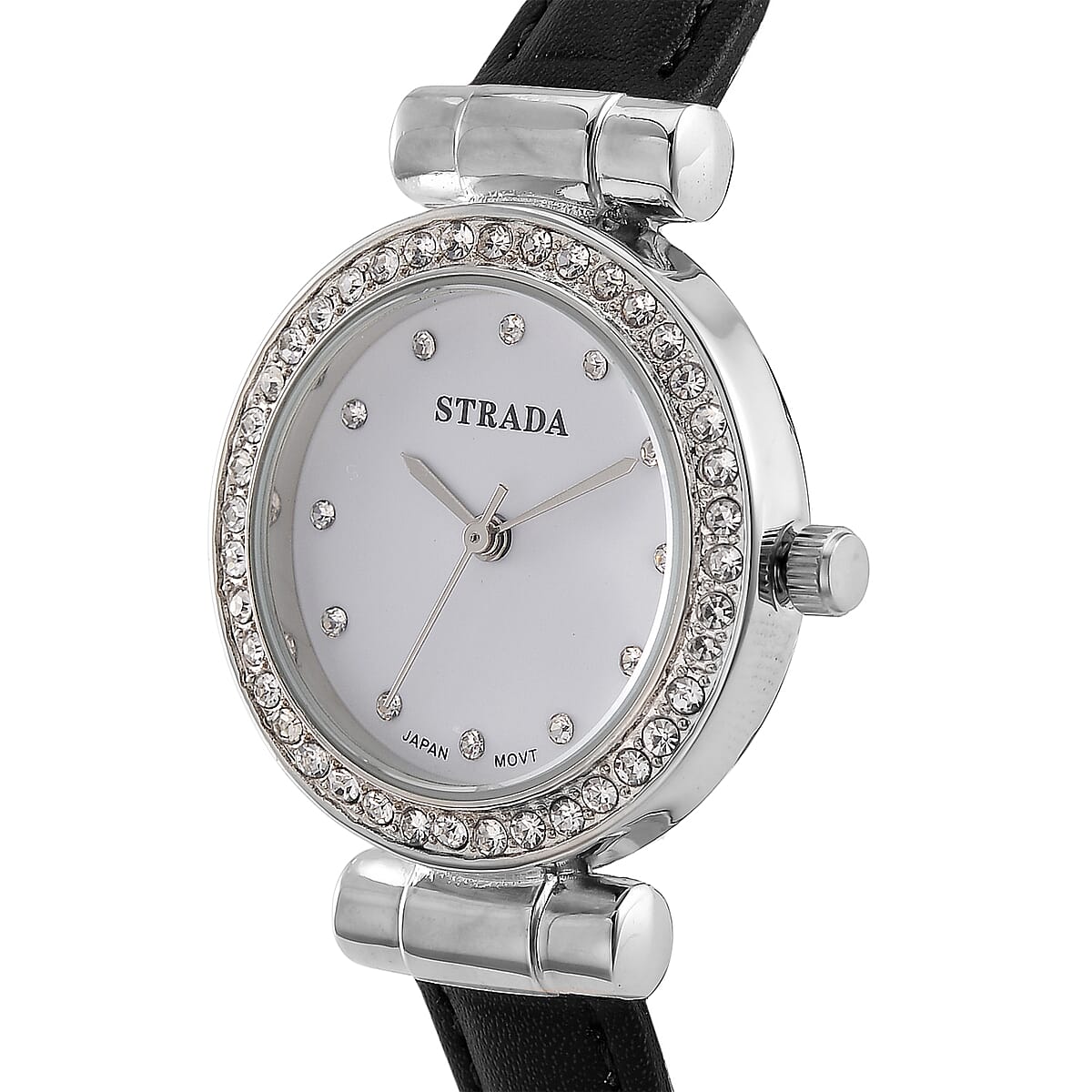 Strada Austrian Crystal Japanese Movement Watch with Black Faux Leather Strap image number 2
