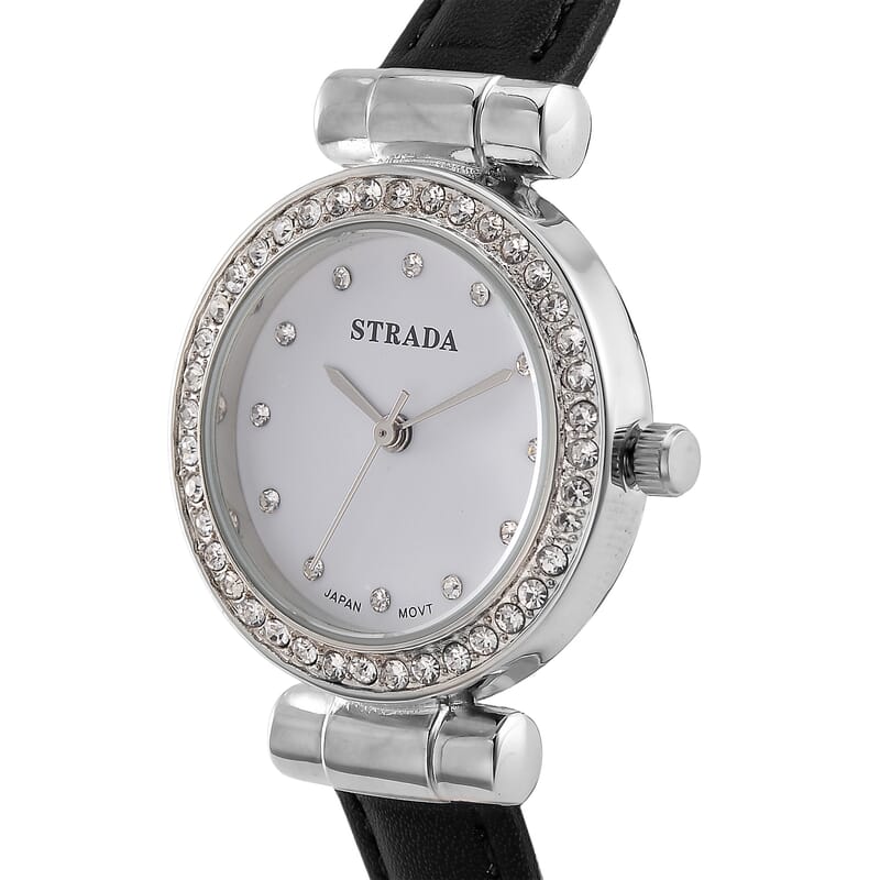 Strada Austrian Crystal Japanese Movement Watch with Black Faux Leather Strap
