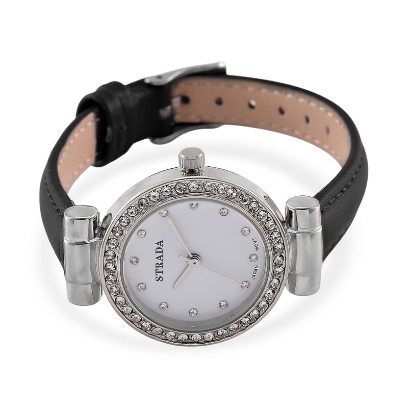 Strada Austrian Crystal Japanese Movement Watch with Black Faux Leather Strap