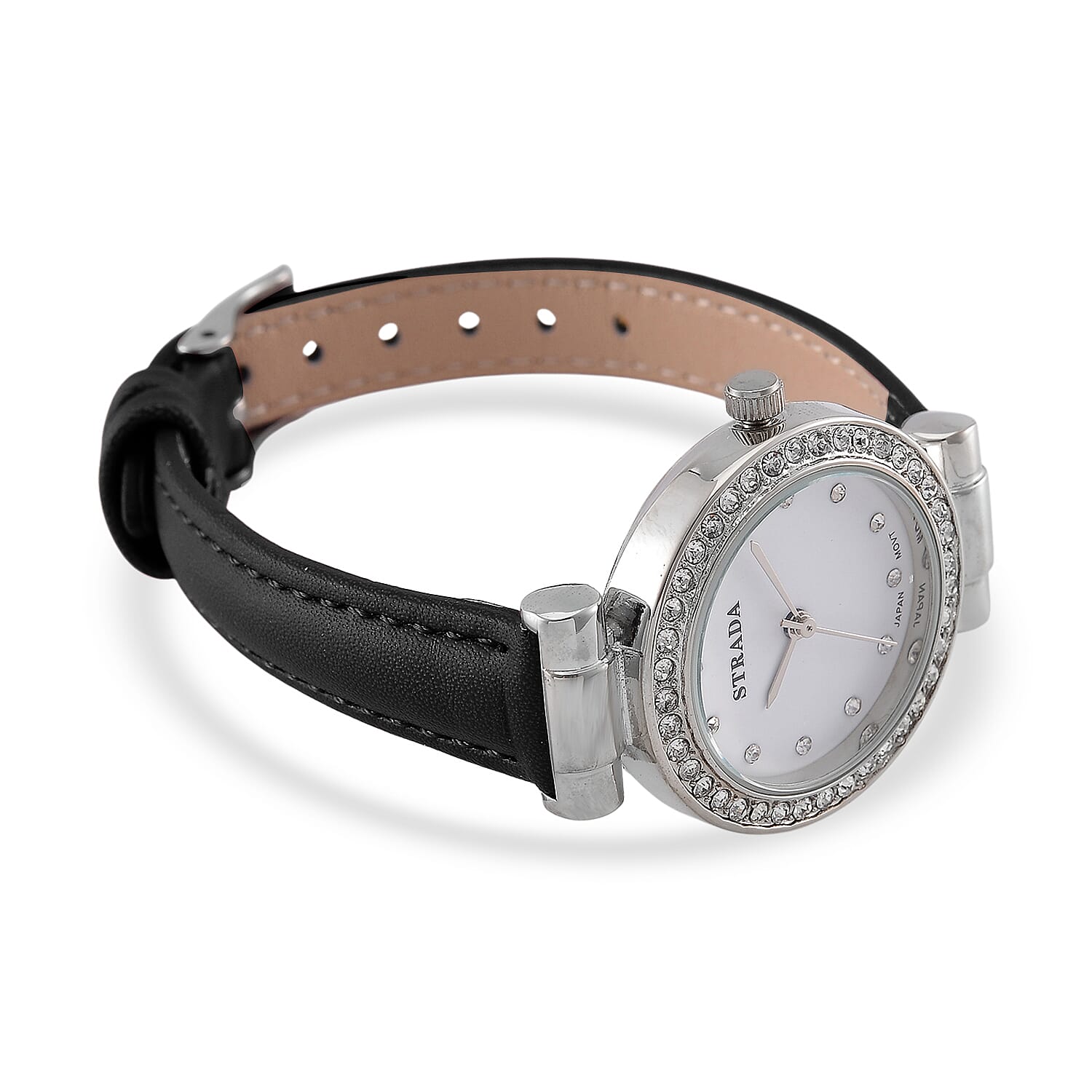 Strada Austrian Crystal Japanese Movement Watch with Black Faux Leather Strap