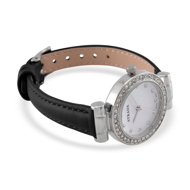 Strada Austrian Crystal Japanese Movement Watch with Black Faux Leather Strap