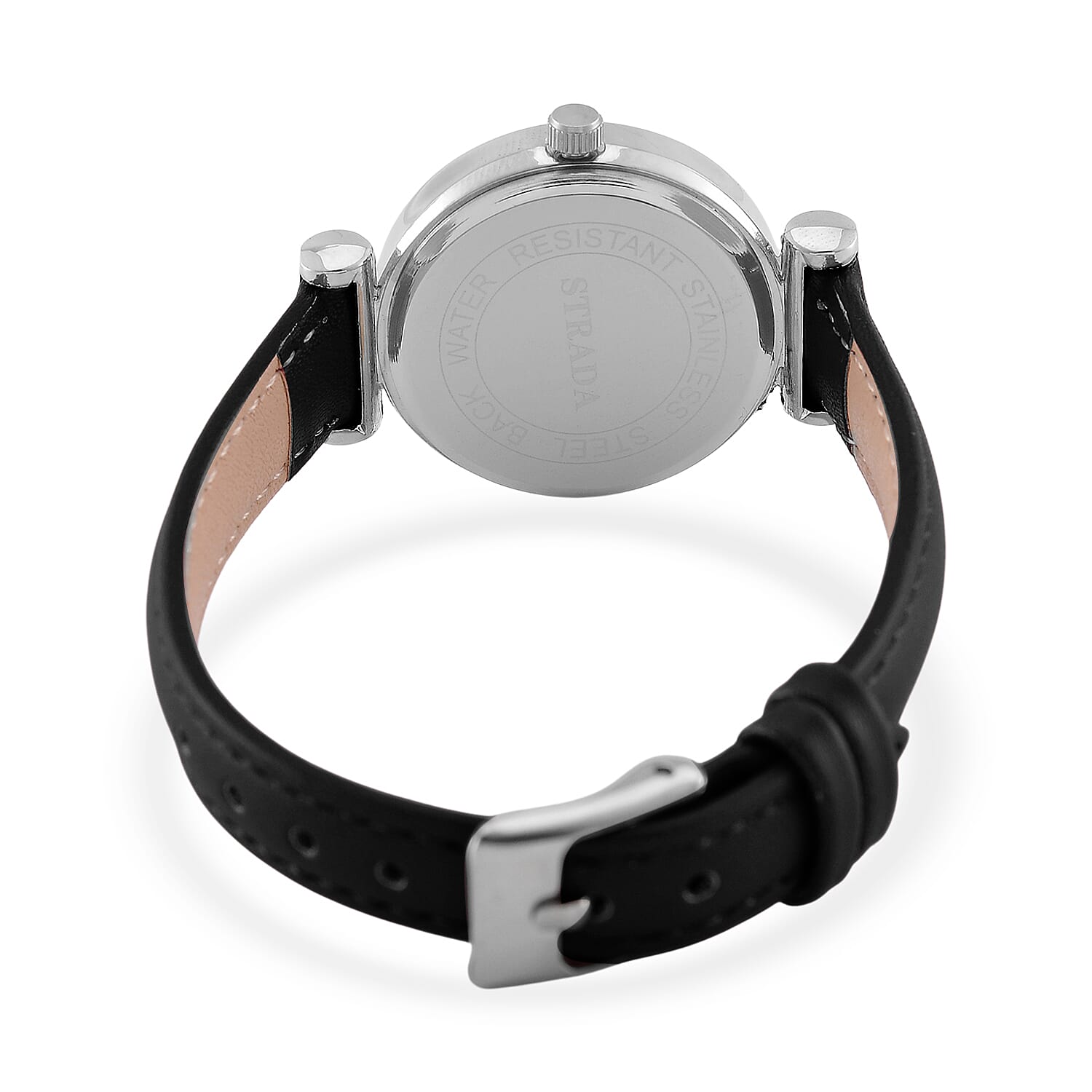Strada Austrian Crystal Japanese Movement Watch with Black Faux Leather Strap