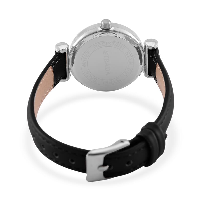 Strada Austrian Crystal Japanese Movement Watch with Black Faux Leather Strap