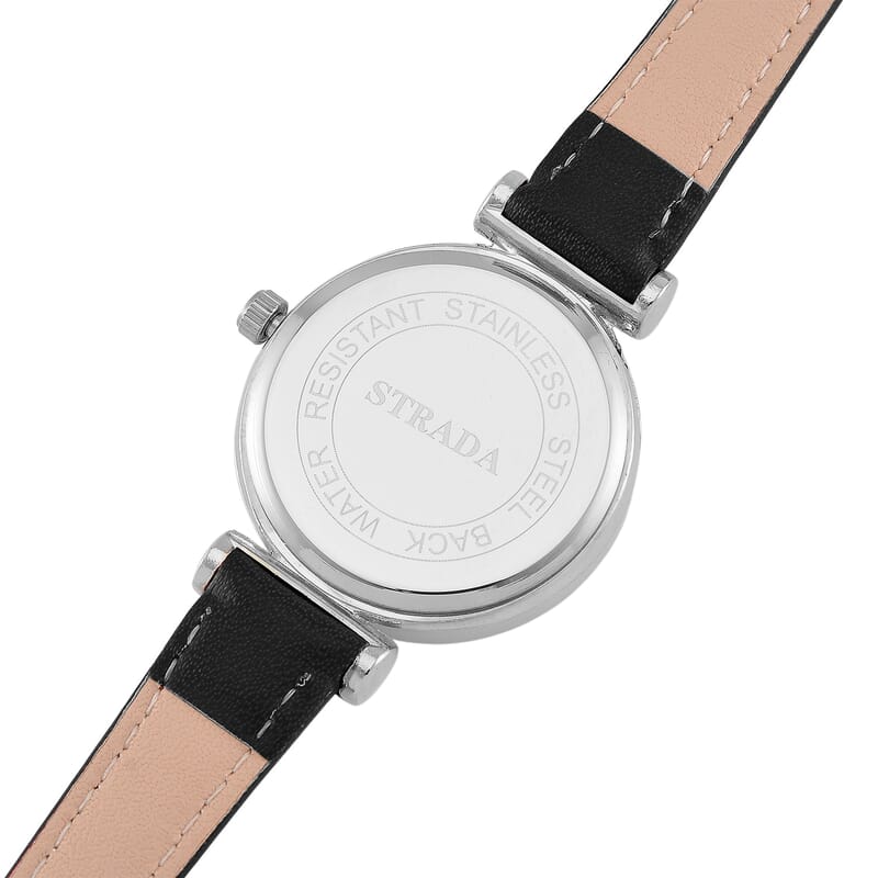 Strada Austrian Crystal Japanese Movement Watch with Black Faux Leather Strap