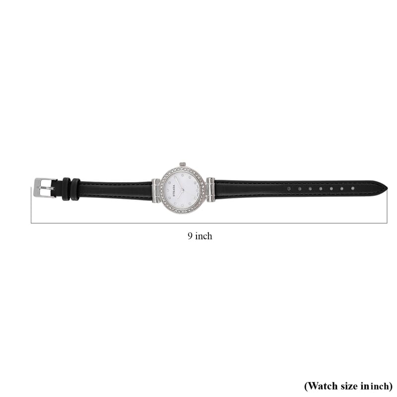 Strada Austrian Crystal Japanese Movement Watch with Black Faux Leather Strap