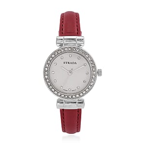 Strada Austrian Crystal Japanese Movement Watch with Wine Red Faux Leather Strap
