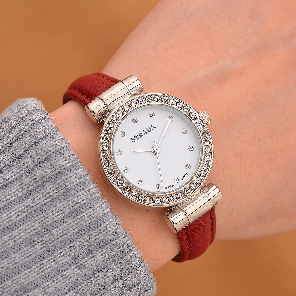 Strada Austrian Crystal Japanese Movement Watch with Wine Red Faux Leather Strap image number 1