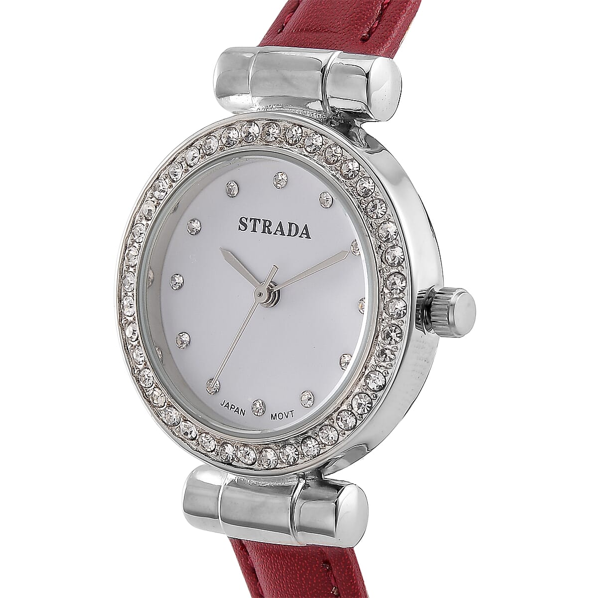 Strada Austrian Crystal Japanese Movement Watch with Wine Red Faux Leather Strap image number 2