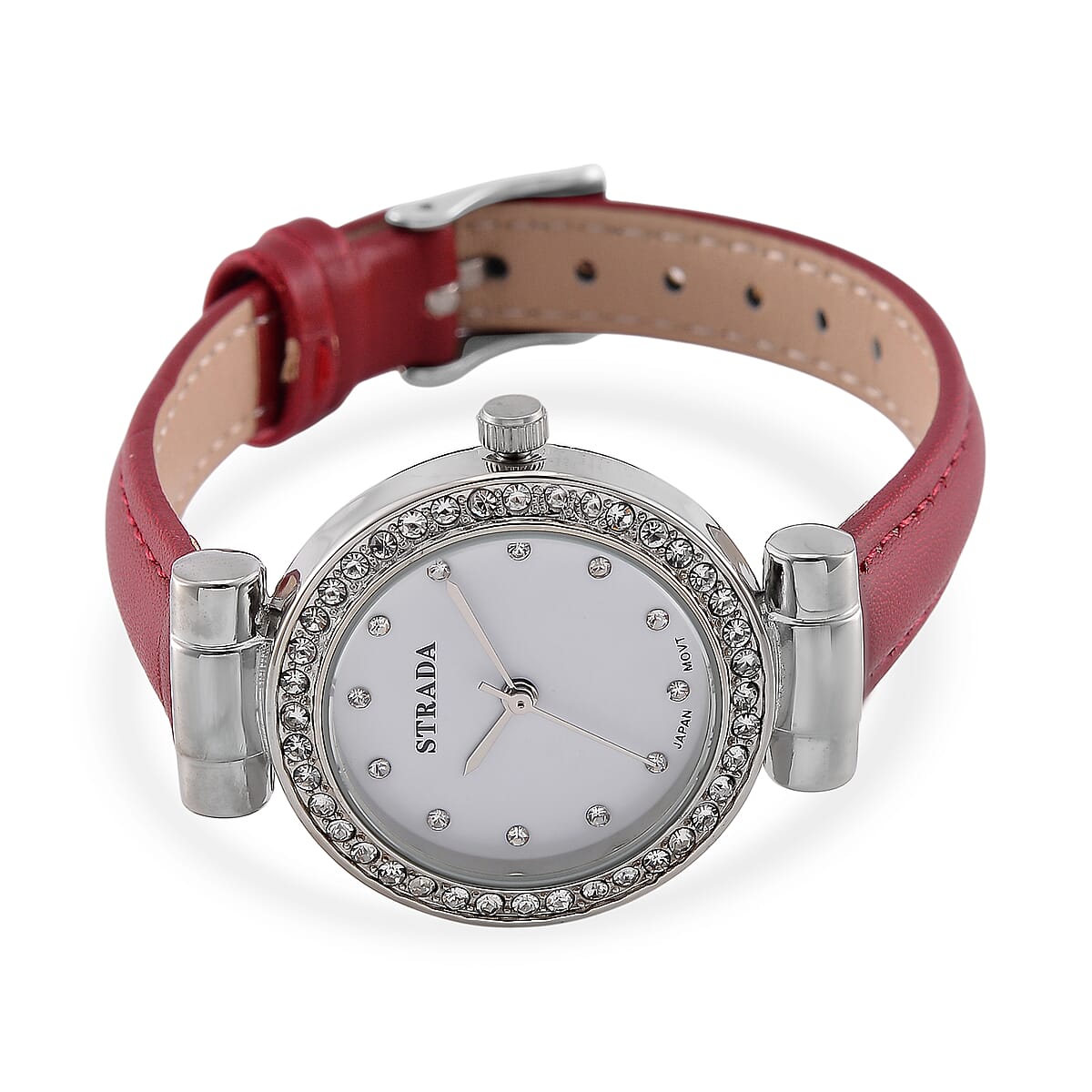 Strada Austrian Crystal Japanese Movement Watch with Wine Red Faux Leather Strap image number 3