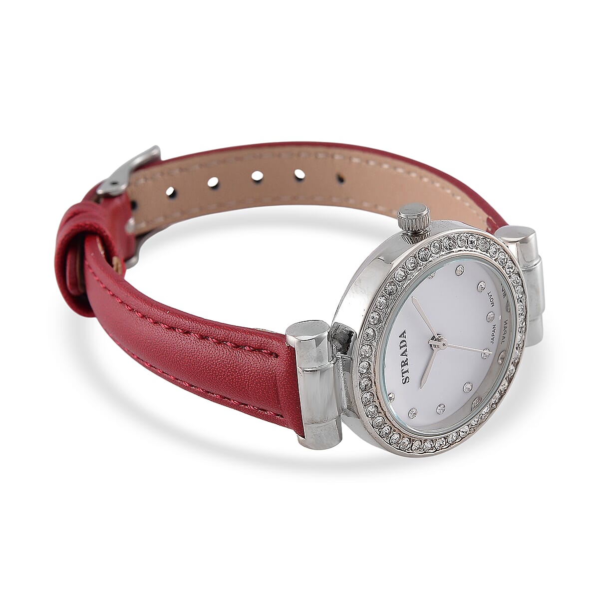 Strada Austrian Crystal Japanese Movement Watch with Wine Red Faux Leather Strap image number 4