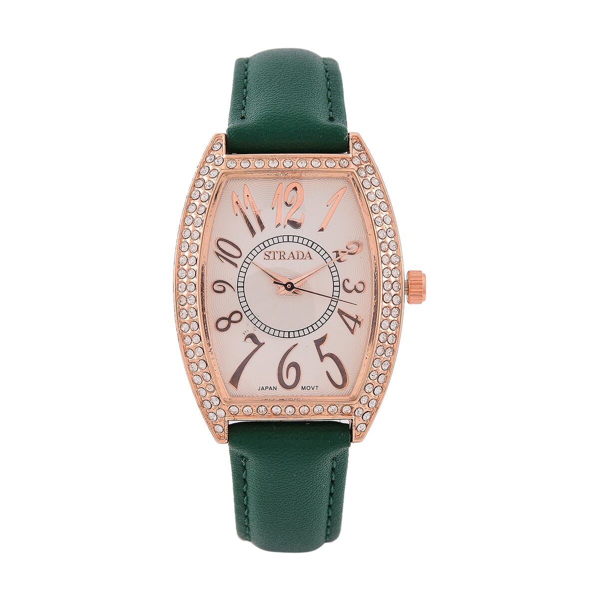 Strada Austrian Crystal Japanese Movement Watch with Green Faux Leather Strap image number 0