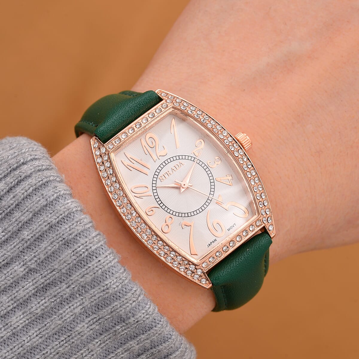 Strada Austrian Crystal Japanese Movement Watch with Green Faux Leather Strap image number 1