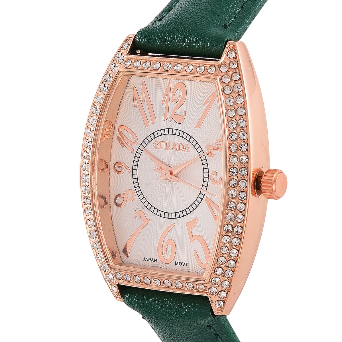 Strada Austrian Crystal Japanese Movement Watch with Green Faux Leather Strap image number 2