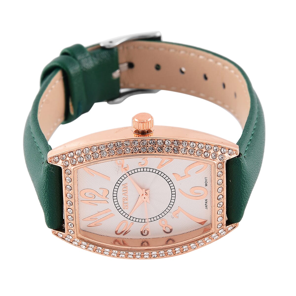 Strada Austrian Crystal Japanese Movement Watch with Green Faux Leather Strap image number 3