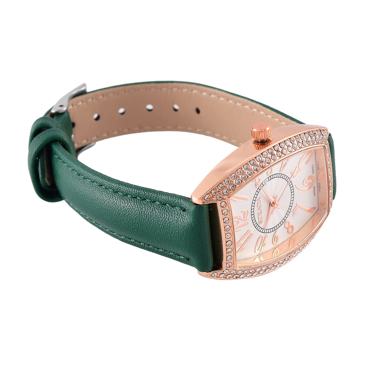 Strada Austrian Crystal Japanese Movement Watch with Green Faux Leather Strap image number 4