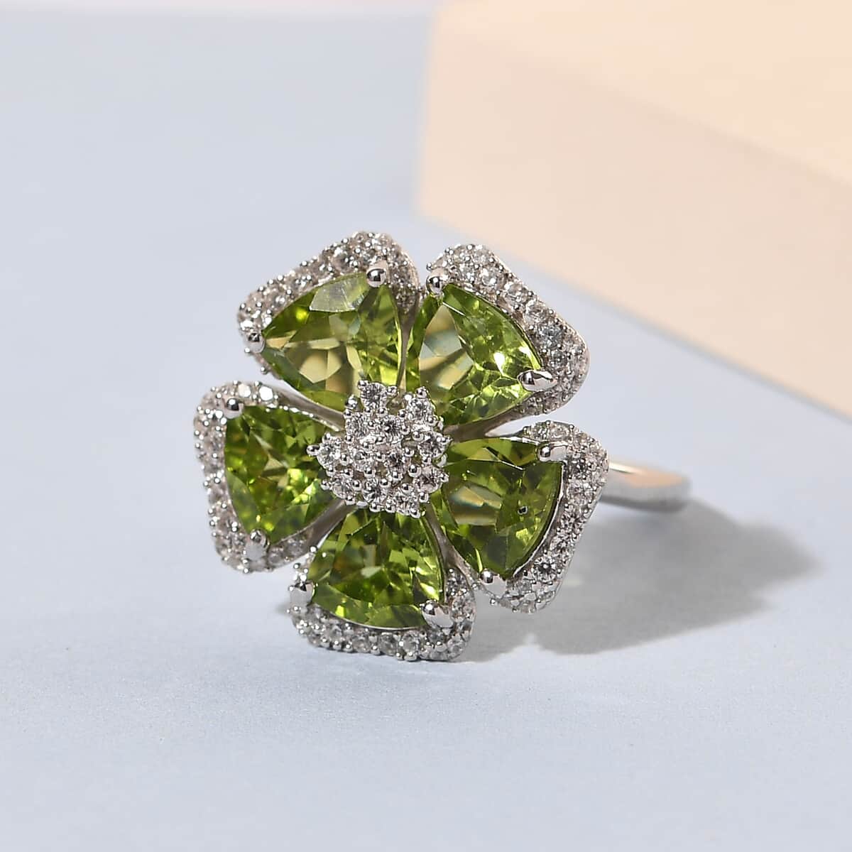 GP ITALIAN GARDEN COLLECTION Peridot and Natural White Zircon Floral Ring in Platinum Over Sterling Silver (Size 6.0) 6.65 ctw image number 1