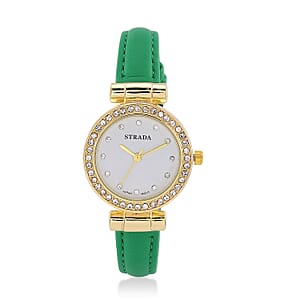 Strada Austrian Crystal Japanese Movement Watch with Light Green Faux Leather Strap