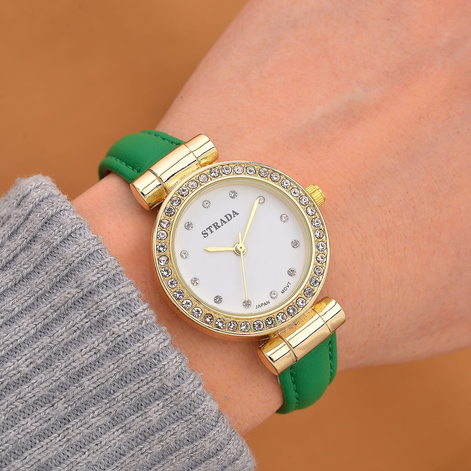 Strada Austrian Crystal Japanese Movement Watch with Light Green Faux Leather Strap