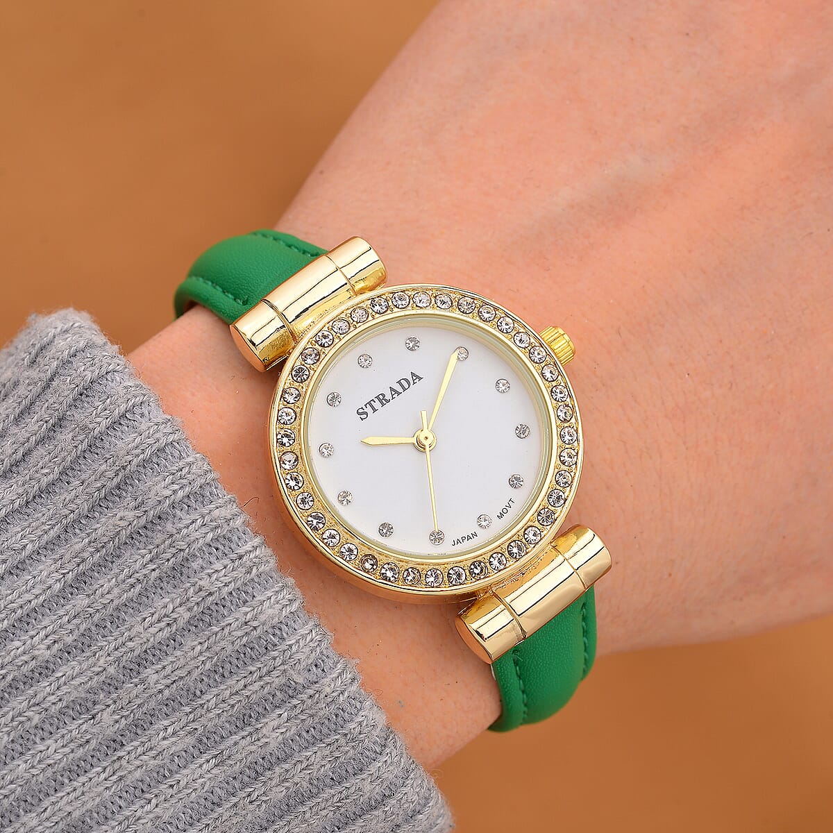 Strada Austrian Crystal Japanese Movement Watch with Light Green Faux Leather Strap image number 1