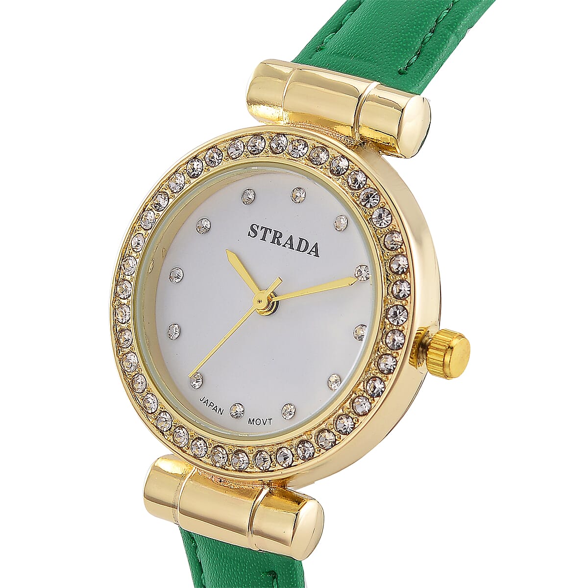 Strada Austrian Crystal Japanese Movement Watch with Light Green Faux Leather Strap image number 2
