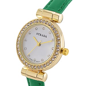 Strada Austrian Crystal Japanese Movement Watch with Light Green Faux Leather Strap