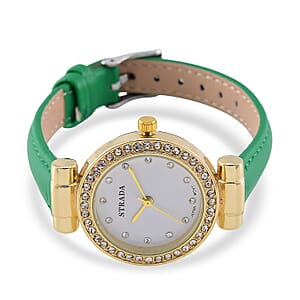 Strada Austrian Crystal Japanese Movement Watch with Light Green Faux Leather Strap