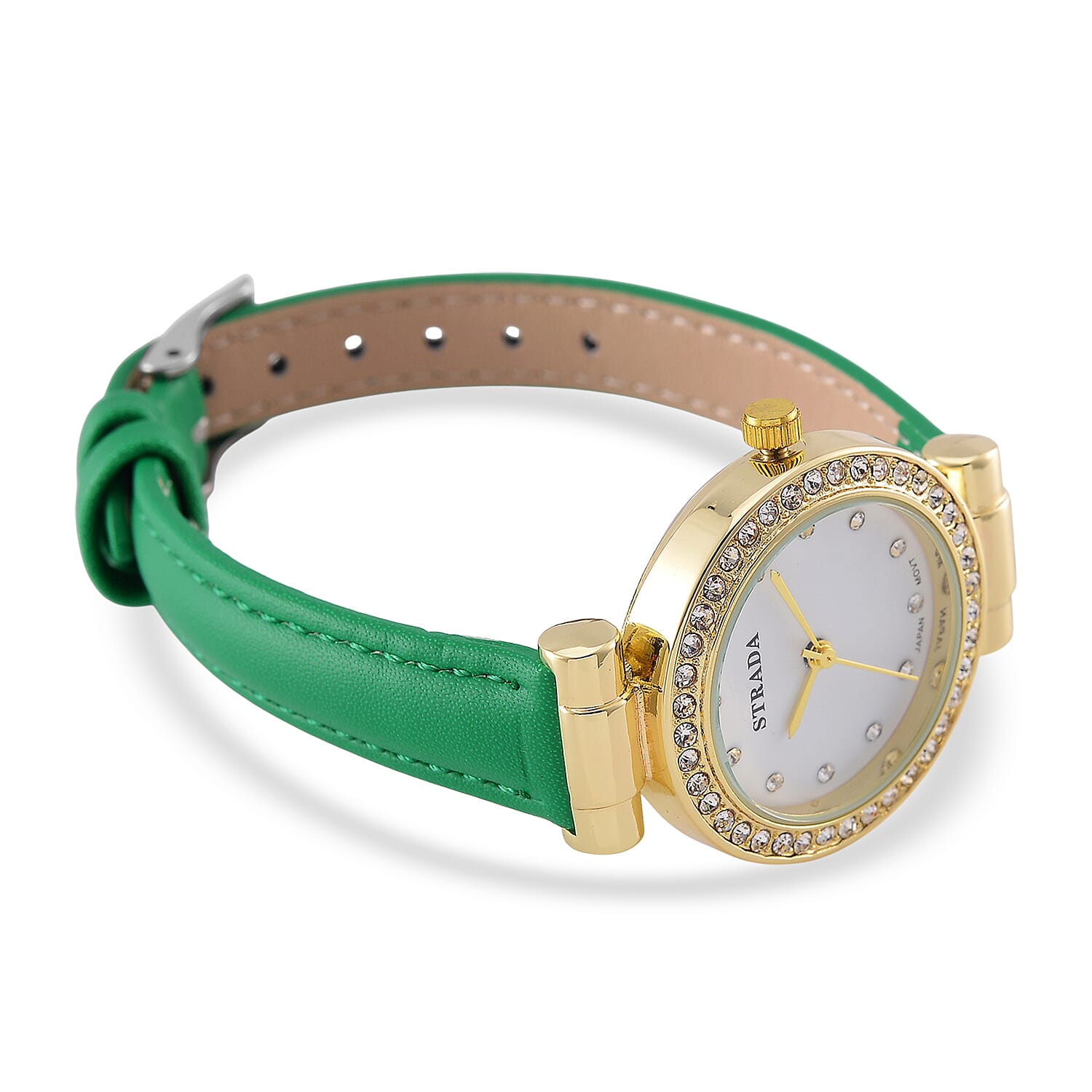Strada Austrian Crystal Japanese Movement Watch with Light Green Faux Leather Strap