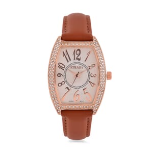 Strada Austrian Crystal Japanese Movement Watch with Brown Faux Leather Strap (39.8x33.7mm)