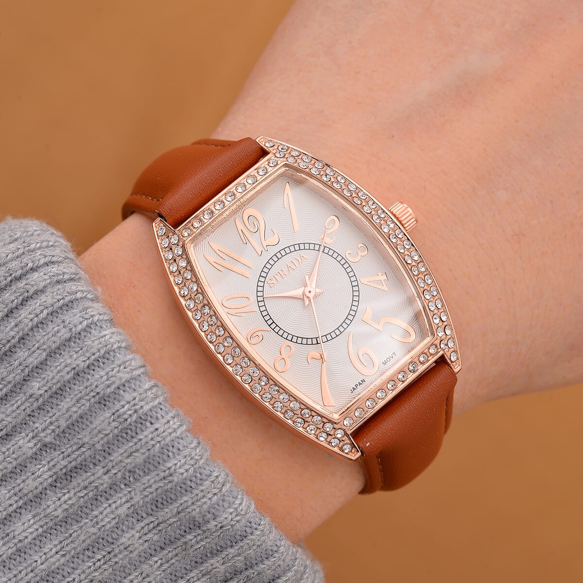 Strada Austrian Crystal Japanese Movement Watch with Brown Faux Leather Strap (39.8x33.7mm) image number 1