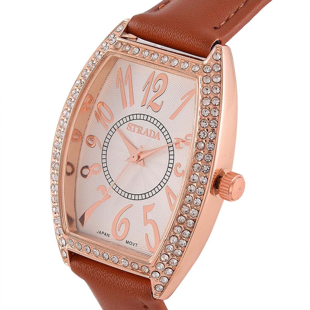 Strada Austrian Crystal Japanese Movement Watch with Brown Faux Leather Strap (39.8x33.7mm) image number 2