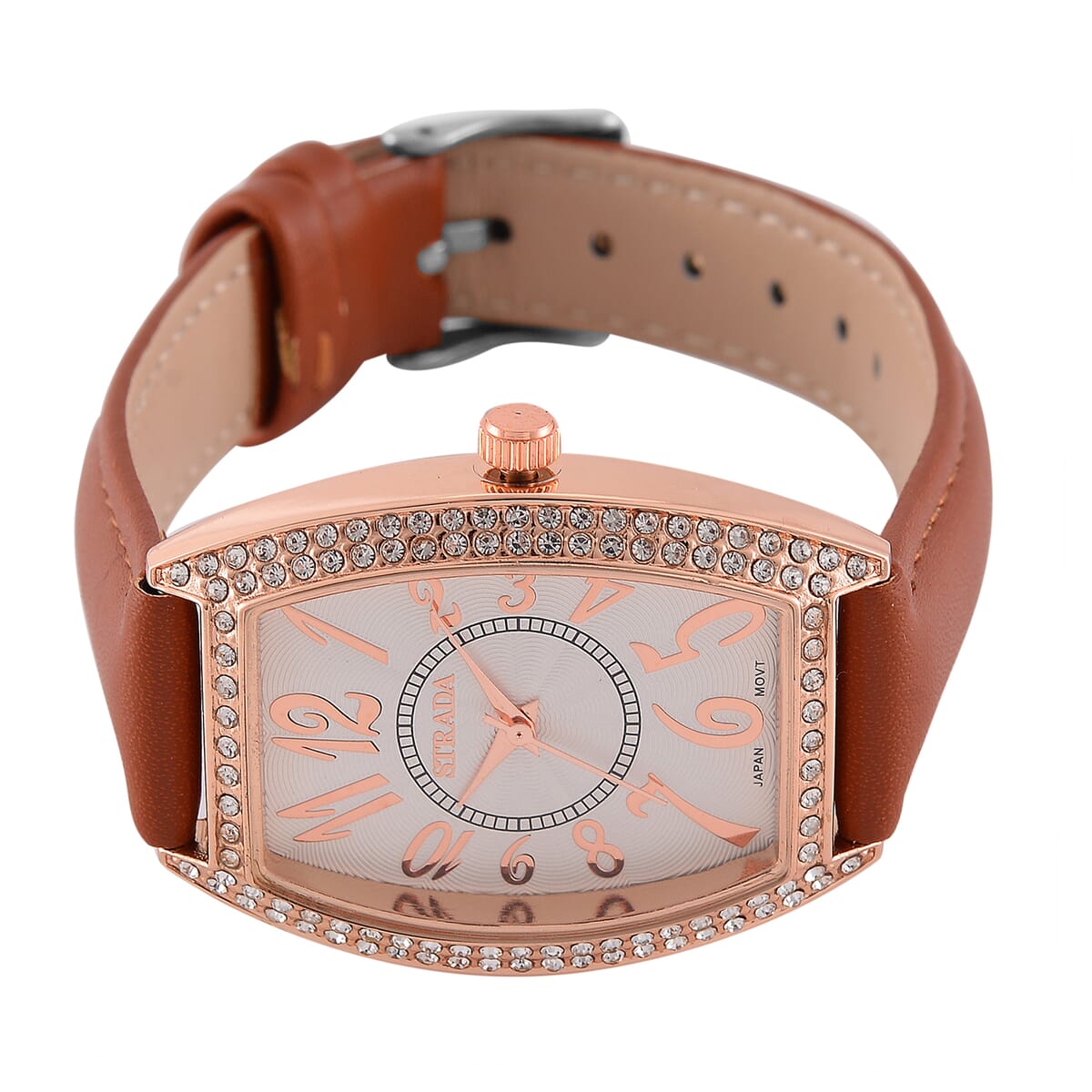 Strada Austrian Crystal Japanese Movement Watch with Brown Faux Leather Strap (39.8x33.7mm) image number 3
