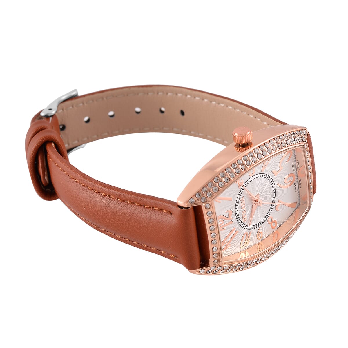 Strada Austrian Crystal Japanese Movement Watch with Brown Faux Leather Strap (39.8x33.7mm) image number 4